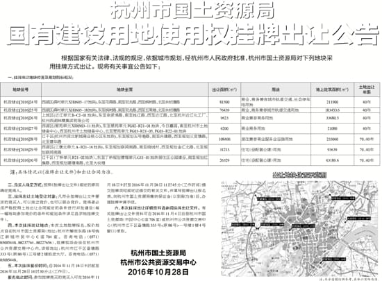 杭州市國土資源局國有建設用地使用權掛牌出讓公告